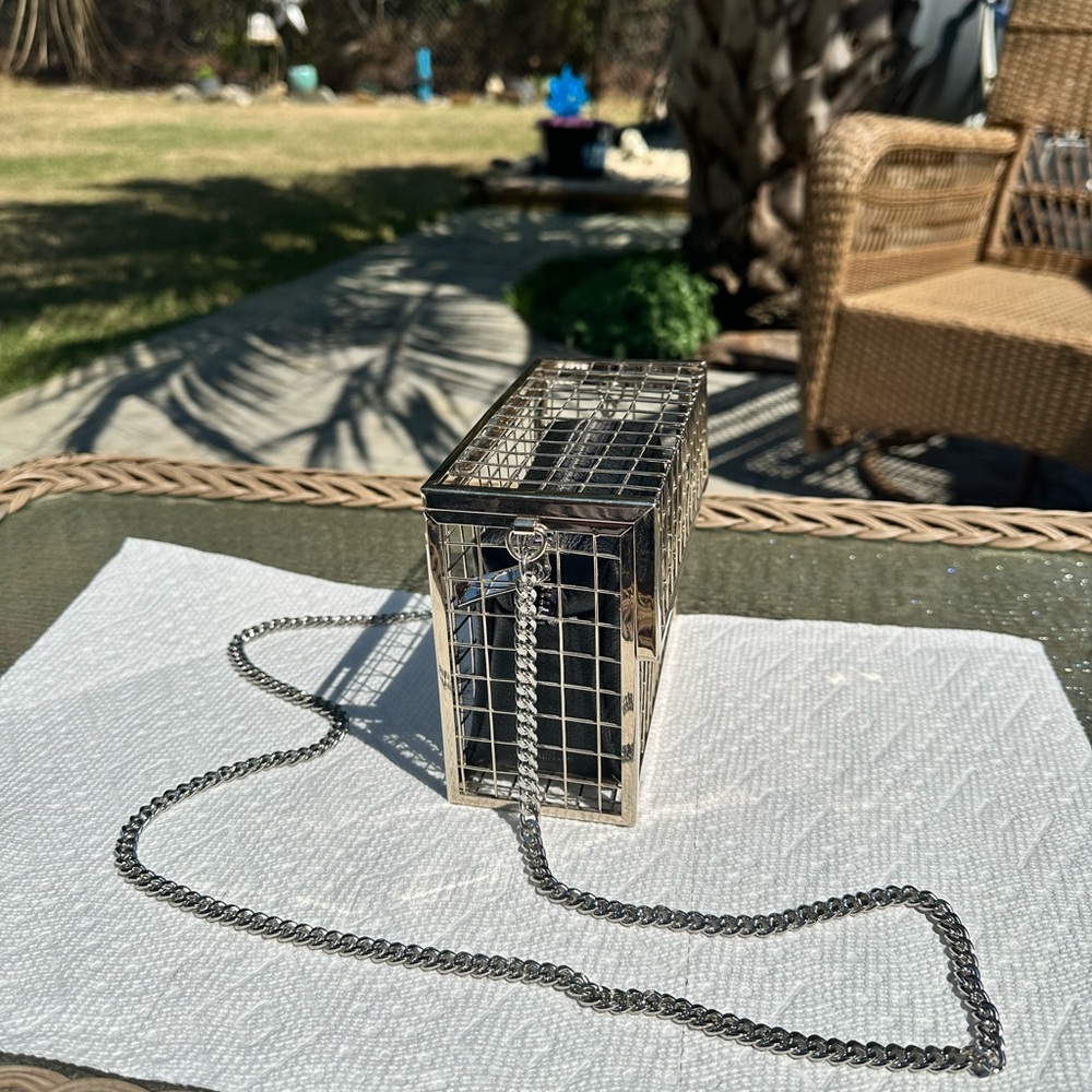Silver and Black Cage Clutch with Chain - Picture 3 of 11